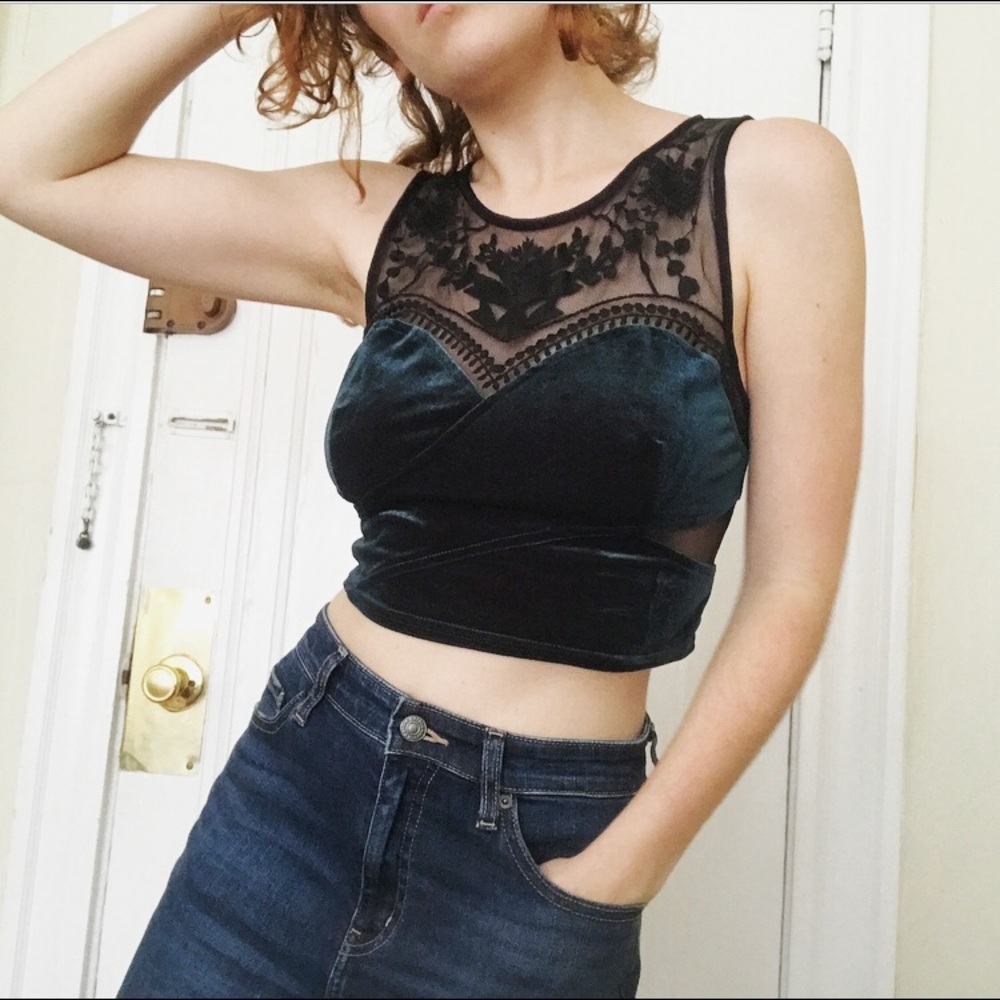 Velvet Teal Crop Top w/ Black Lace